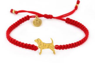 Armband mit Beagle Hund aus vergoldetem Silber an rotem Makramee