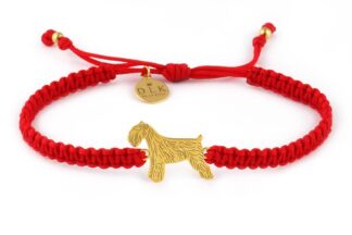 Armband mit Schnauzer Hund aus vergoldetem Silber an rotem Makramee