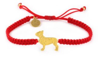 Armband mit Französische Bulldogge aus vergoldetem Silber an rotem Makramee