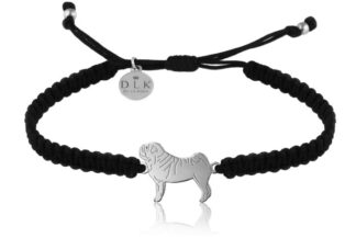 Armband mit Mops Hund aus Silber an schwarzem Makramee