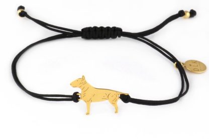 Armband mit Bullterrier Hund aus vergoldetem Silber an schwarzer Schnur