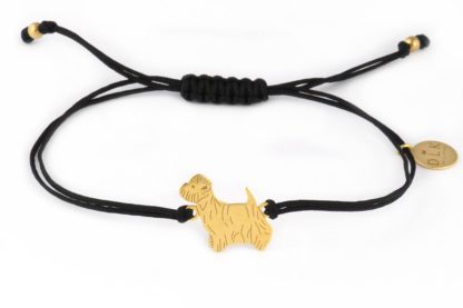 Armband mit West Terrier Hund aus vergoldetem Silber an schwarzer Schnur