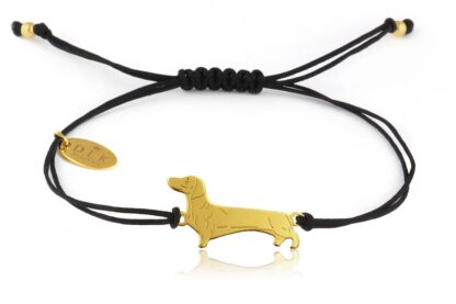 Armband mit Dackel Hund aus vergoldetem Silber an schwarzer Schnur