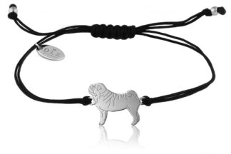 Armband mit Mops Hund aus Silber an schwarzer Schnur