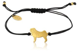 Armband mit Mops Hund aus vergoldetem Silber an schwarzer Schnur