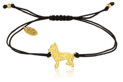Armband mit Yorkie Hund aus vergoldetem Silber an schwarzer Schnur