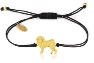 Armband mit Malteser Hund aus vergoldetem Silber an schwarzer Schnur