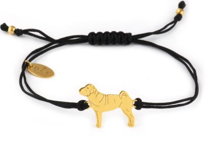 Armband mit Shar Pei Hund aus vergoldetem Silber an schwarzer Schnur