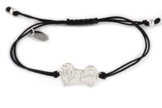 Armband mit Pekingese Hund aus Silber an schwarzer Schnur