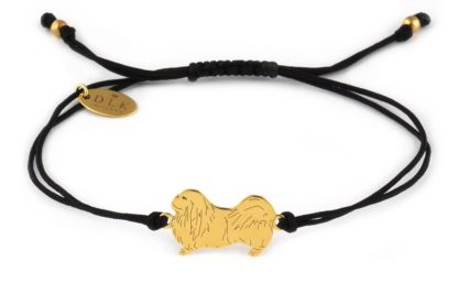 Armband mit Pekingese Hund aus vergoldetem Silber an schwarzer Schnur