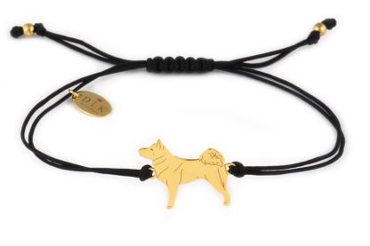 Armband mit Akita Hund aus vergoldetem Silber an schwarzer Schnur