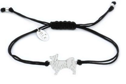 Armband mit Papillon Hund aus Silber an schwarzer Schnur
