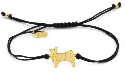 Armband mit Papillon Hund aus vergoldetem Silber an schwarzer Schnur