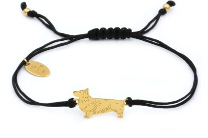 Armband mit Corgi Hund aus vergoldetem Silber an schwarzer Schnur
