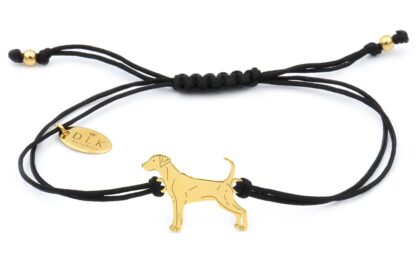 Armband mit Dobermann Hund aus vergoldetem Silber an schwarzer Schnur