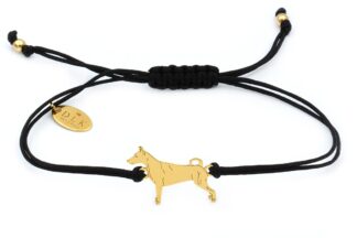 Armband mit Pinscher Hund aus vergoldetem Silber an schwarzer Schnur