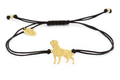 Armband mit Rottweiler Hund aus vergoldetem Silber an schwarzer Schnur