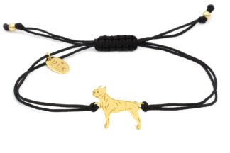 Armband mit Boston Terrier Hund aus vergoldetem Silber an schwarzer Schnur