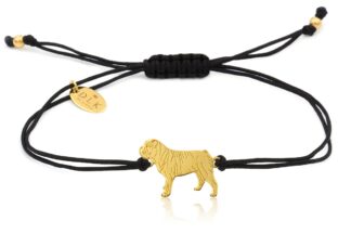 Armband mit Englische Bulldogge aus vergoldetem Silber an schwarzer Schnur