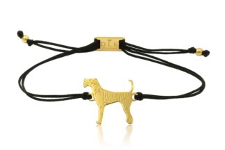 Armband mit Airedale Terrier Hund aus vergoldetem Silber an schwarzer Schnur mit DLK-Verschluss